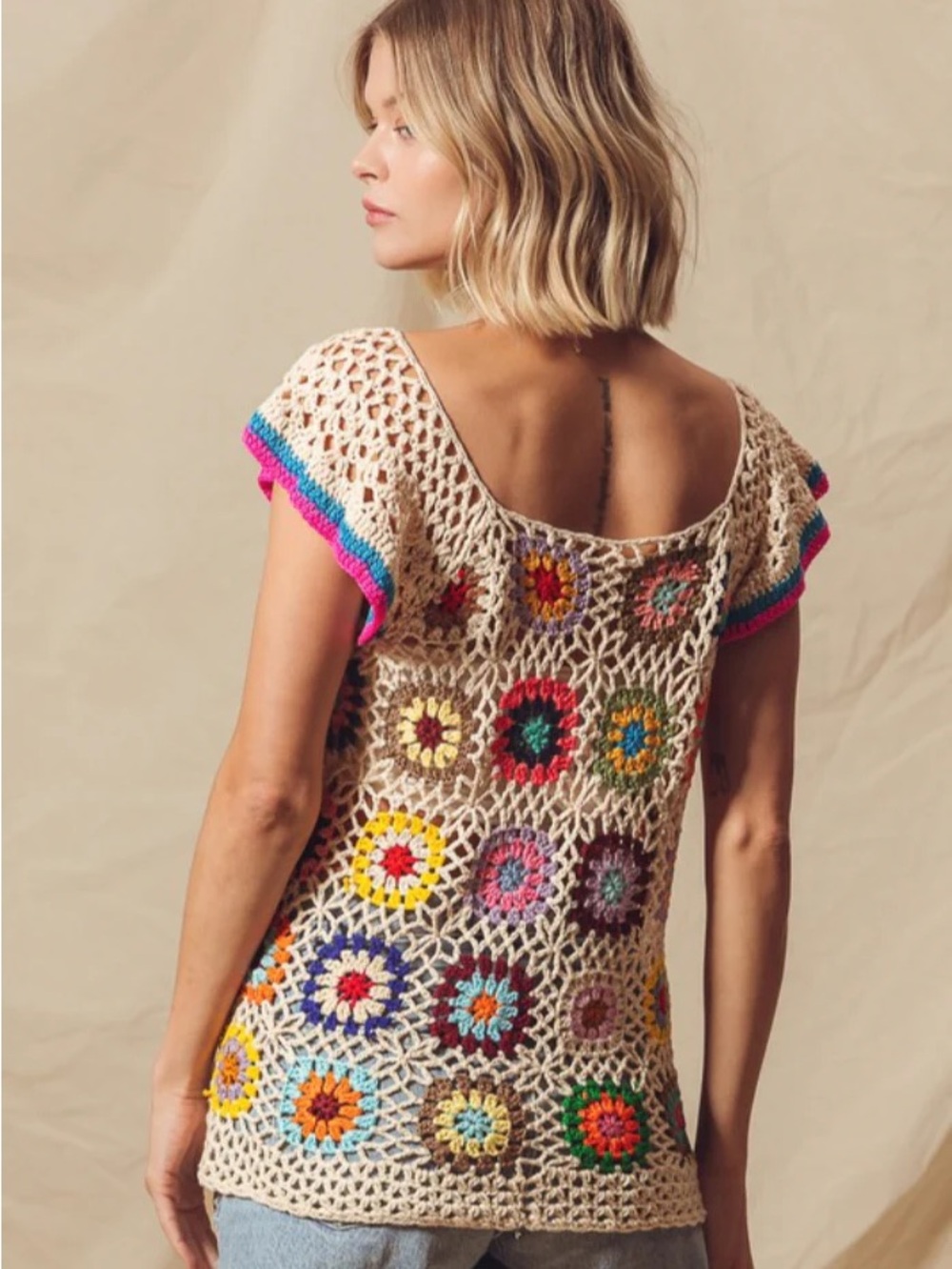 So Me Womens Granny Square Crochet Top Size M Oatmeal Boho Patchwork Festival - Picture 9 of 9